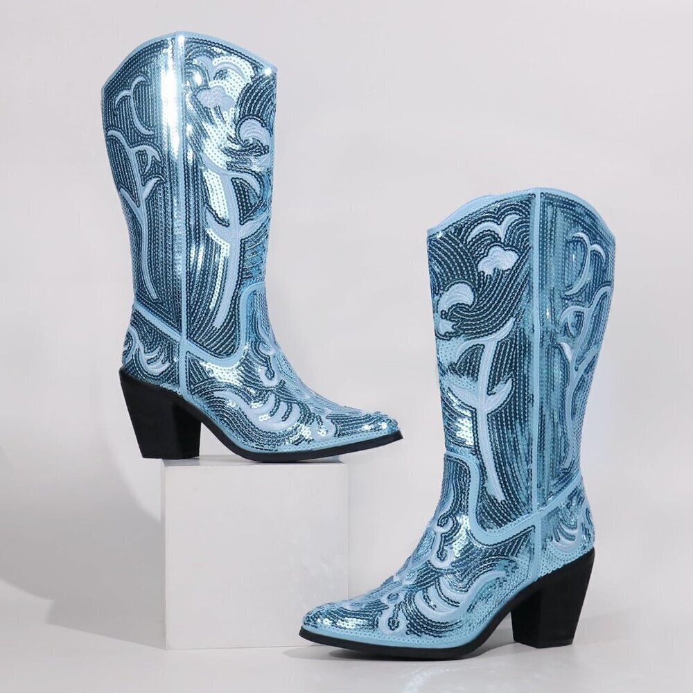 Women's Blue Sequin Mid Calf Tall Zipper Pointed Toe Embroidered Cowgirl Boots - Picture 6 of 6